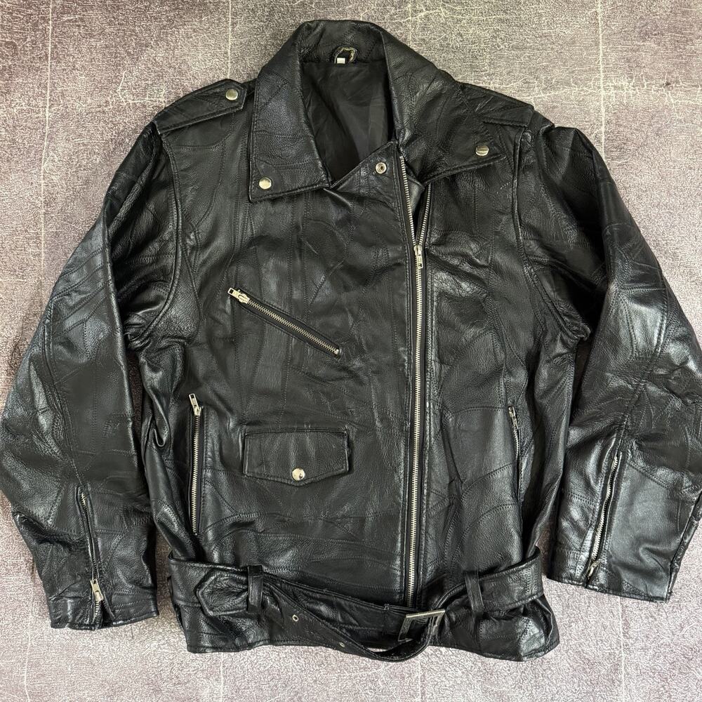 Women's Vintage 90's Black Leather Patchwork Eagle Zip Up Motorcycle Jacket Sz L